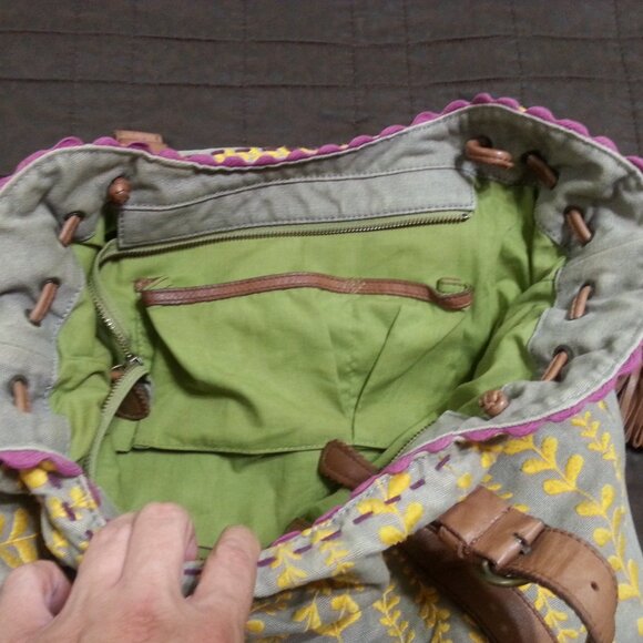 Lucky Penny Anthropologie Purse Handbag Tote Hobo Boho Bohemian Yellow Gray - Picture 13 of 16